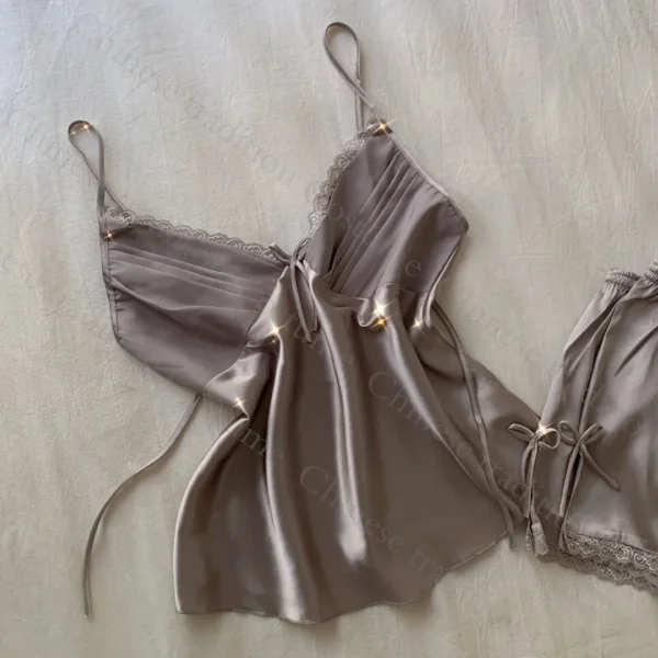 Strap Top&shorts Home Clothes 2Pcs Lingerie Satin Nightwear Women Sexy Lace Trim Pajamas Suit Elegant Big Size 3Xl