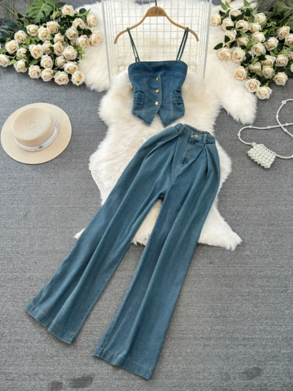 Fashion suit for women's design sense of strapless denim suspender vest two-piece high waist mid-length hip-cover skirt summer