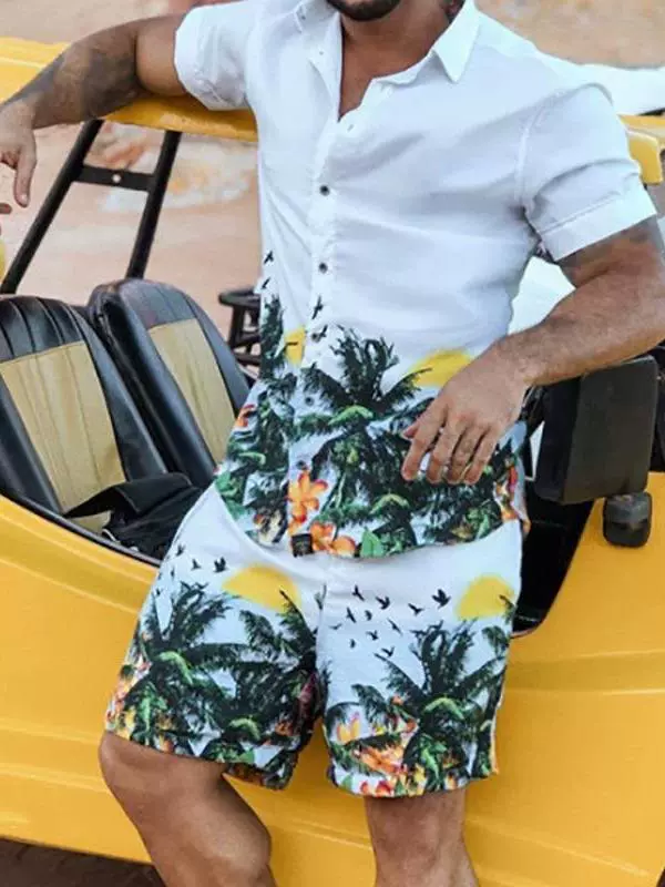 2025 Summer New Men's Hawaiian Casual Print Short Sleeve Shirt Large Size Shorts Set Men's Suit